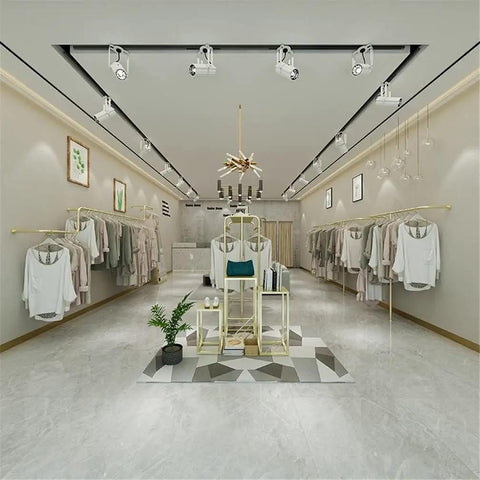 Boutique setting with clothing racks on either side, ideal for Industrial Pipe Coat Rack Wall Mount 400cm Long Heavy Duty Metal Hanger display.