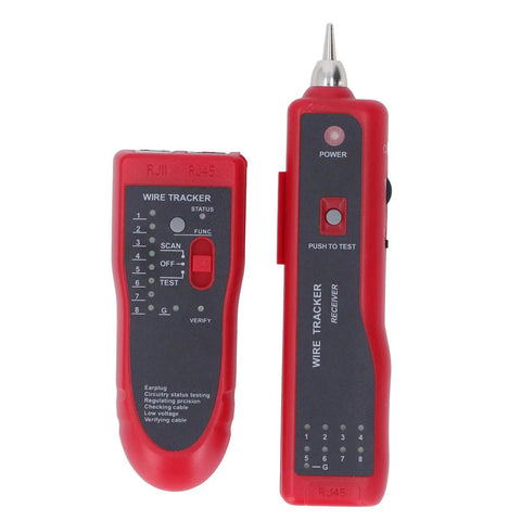 Wire Tracer Receiver Kit And Network Cable Tester Line Finder For Pro Grade Telephone Line Maintenance And Weak Current Work Under 65V Compatible With Switches And Routers Includes Noise Reduction Headset, showing red instruments with buttons and displays.