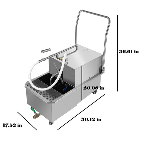 Commercial 14.5 Gallon Mobile Fryer Oil Filter System, 550W Stainless Steel Deep Fryer Cart With Wheels, side view with dimensions.
