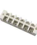 Six-position porcelain ceramic terminal block with screw terminals and white housing