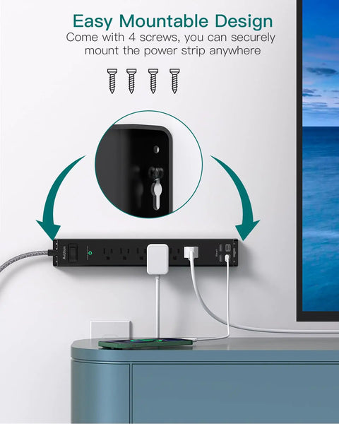 Legit Badass Surge Protector Power Strip With Super Long 5 Foot Slim Extension Cord, wall-mounted with USB ports.