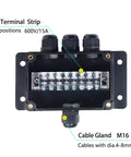 Watertight Junction Box IP67 Electrical Enclosure With 8-P 15A Barrier Terminals And 1 Inch In And 3 Out Cable Glands inside view