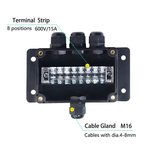 Watertight Junction Box IP67 Electrical Enclosure With 8-P 15A Barrier Terminals And 1 Inch In And 3 Out Cable Glands inside view