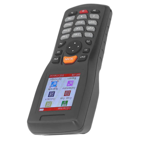 1D Barcode Scanner Portable Data Collector with 2.2 inch color screen showing inventory icons, handheld design.