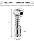90 Degree Grease Coupler Adapter for Right Angle Access in Tight Spots Non Slip Grease Gun Fittings Lubrication Tool dimensions visible