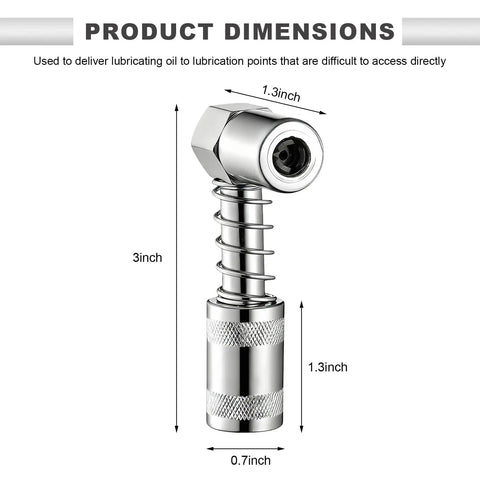90 Degree Grease Coupler Adapter for Right Angle Access in Tight Spots Non Slip Grease Gun Fittings Lubrication Tool dimensions visible