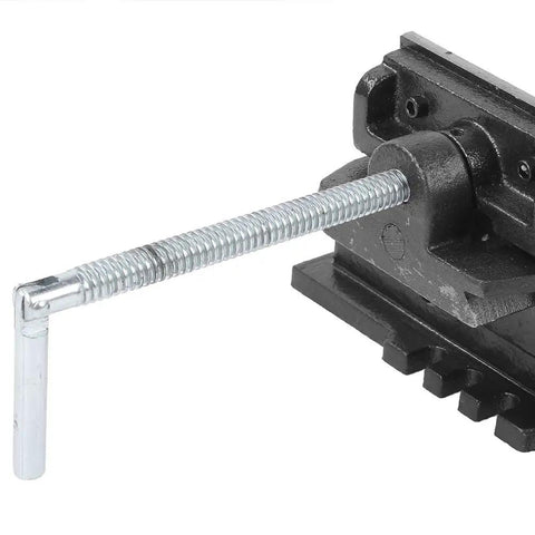 Close-up of handle on 5 Inch Cross Slide Drill Press Vise For Heavy Duty Cast Iron Milling, Woodworking Clamping Vise, Bench Top Mount.