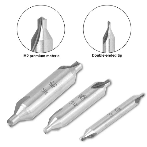 Pro Grade 7 Piece Center Drill Bit Set M2 HSS With 60 Degree Countersink with visible sizes in mm, ideal for woodworking and metalworking.