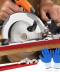 Professional Grade Circular Saw Guide Rail Adjustable Aluminum Fence Track Featuring Dual Lock Handles For Straight Shooting Cuts And Zero Slop For Reliable Carpentry Tasks in use with gloves.