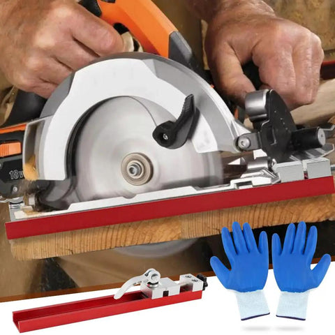 Professional Grade Circular Saw Guide Rail Adjustable Aluminum Fence Track Featuring Dual Lock Handles For Straight Shooting Cuts And Zero Slop For Reliable Carpentry Tasks in use with gloves.