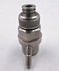 Waterjet mixing chamber for 60k intensifier pump, stainless steel with knurled collar and nozzle, front view