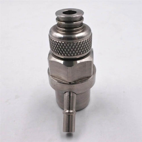 Waterjet mixing chamber for 60k intensifier pump, stainless steel with knurled collar and nozzle, front view