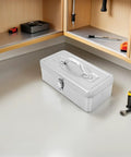 Heavy Duty Stainless Steel Toolbox with Large Capacity Portable Tool Box Organizer on workbench in garage setting