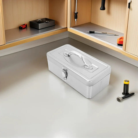 Heavy Duty Stainless Steel Toolbox with Large Capacity Portable Tool Box Organizer on workbench in garage setting