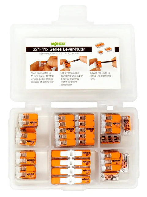 Lever Nut Wire Connector Set 221 Series 35pc Compact Splicing Kit With Case open with connectors visible