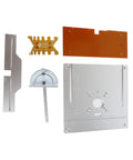 Heavy Duty Aluminum Router Table Insert Plate Set For Woodworking Benches includes various sizing tools and precision measuring accessories.