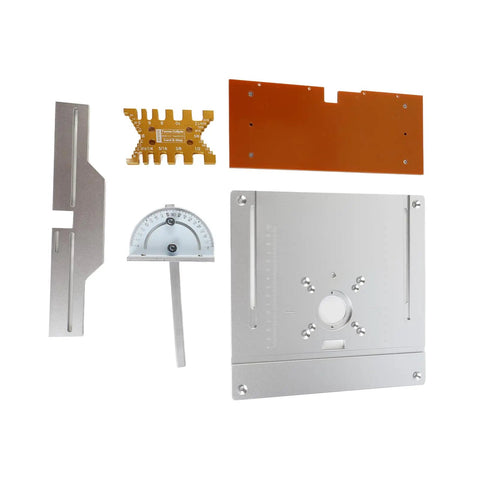 Heavy Duty Aluminum Router Table Insert Plate Set For Woodworking Benches includes various sizing tools and precision measuring accessories.