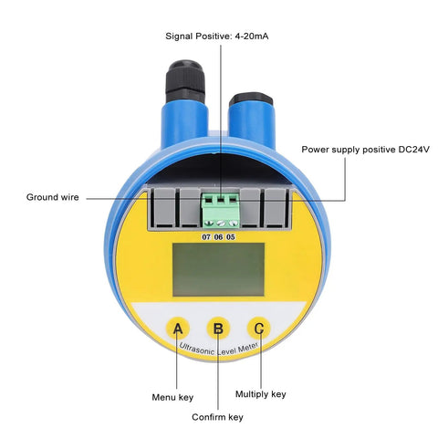 Front view of Water Level Sensor DC24V Ultrasonic Level Meter With LCD Display and 4-20mA output, showing buttons and connections.