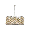 Madison Collection Ten Light Pendant With Royal Cut Clear Crystal Spheres Suspended By Polished Nickel And Golden Teak Frame For Kitchen Island Dining Room, overhead view.