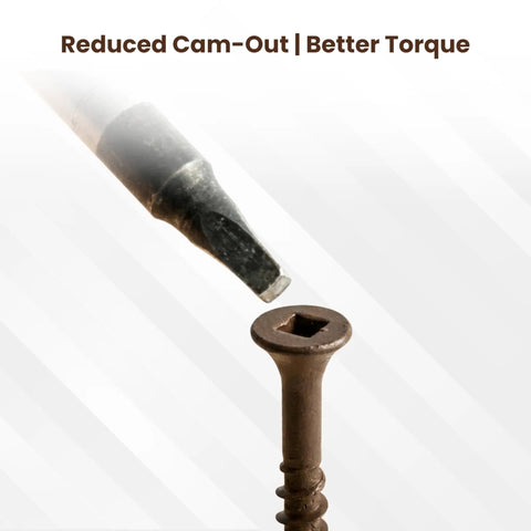 Close-up of square-drive bit and screw head for Beefy 10 By 3.5 Inch Deck Screws With Square Drive Bugle Head In Brown Ceramic Ruspert Coated Exterior Wood Screws For Pressure Treated Lumber, Corrosion Resistant, 250 Piece Box.