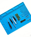 Magnetic Silicone Repair Mat For Soldering And Electronics Workbench, tools arranged, heat resistant, 13.78 x 9.84 inches, blue mat