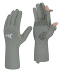 Sol Armis Pro UPF 50 Plus Fishing Gloves with FrostWeave Cooling Tech shown in gray with textured grip detail