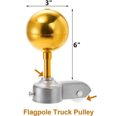 Flag Pole Hardware Kit With 3 Inch Gold Ball Topper, Aluminum Alloy Construction, Weatherproof Flagpole Accessories, 50 Feet Halyard Rope, 4 Inch Cleat Hook With Screws, Four Swivel Snap Hooks, And Pulleys For 2 Inch OD Tubes, 3 inch truck pulley
