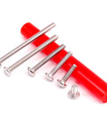 Heavy Duty Outlet Spacers And Screw Mount Kit Featuring Top Shelf Silicone And Corrosion Resistant Steel Build For A Quick Six Thirty Two Thread Fit. Metal screws in various lengths with a red spacer.