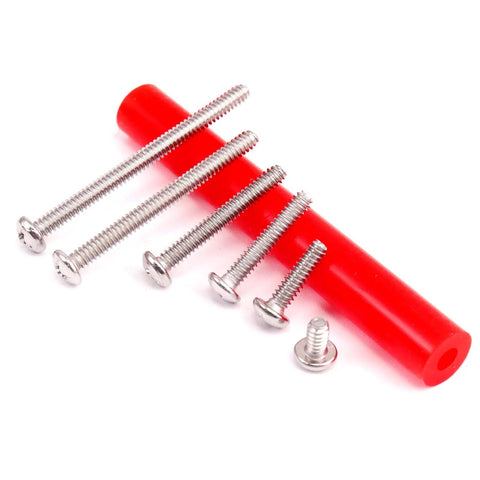 Heavy Duty Outlet Spacers And Screw Mount Kit Featuring Top Shelf Silicone And Corrosion Resistant Steel Build For A Quick Six Thirty Two Thread Fit. Metal screws in various lengths with a red spacer.