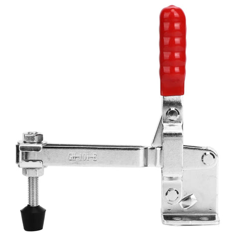 Long Arm Vertical Crimping Tool And Toggle Clamp Fixture For Woodworking And Metalworking, Fast Action Clamp With Portable Inspecting Jig, Rugged Durable Clamp For Welding Molding And Equipment Installations, red handle, steel