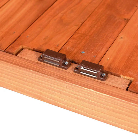 Close-up of latch detail on Outdoor Garden Wood Storage Cabinet With Waterproof Tool Shed, Potting Benches And Workstation Table In Natural Finish