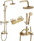 Exposed Shower Faucet Set With Shelf, 8 Inch Rainfall Head And Handheld Sprayer, Double Cross Handles, Dual Function System, Antique Brass Finish