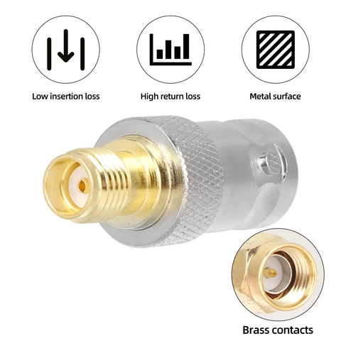 Close-up of Pro Grade SMA To BNC Adapter Kit 12-Piece 50 Ohm RF Coaxial Connectors showing brass contacts and metal surface.