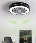 Sleek Minimalist Black Ceiling Fan With Three Speed Airflow And Three Color Dimming For Bedrooms And Offices providing smooth quiet cooling, mounted on ceiling.