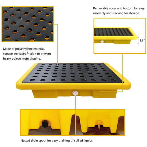 Oil Drum Spill Containment Tray With Drain, 2.6 Gallon Capacity, Leakproof Polyethylene Pallet, Detachable Platform, 19.3 X 14 X 3.7 In