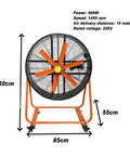 Heavy Duty Industrial Circulator Fan With 85Cm Steel Blades And 500W Motor For Straight Shot Warehouse Ventilation And No Sweat Barn Cooling Featuring Tough Rolling Wheels, showing dimensions.
