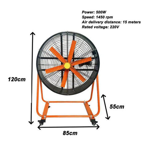 Heavy Duty Industrial Circulator Fan With 85Cm Steel Blades And 500W Motor For Straight Shot Warehouse Ventilation And No Sweat Barn Cooling Featuring Tough Rolling Wheels, showing dimensions.
