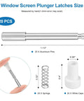 Image showing twenty piece aluminum window screen plunger latches with specifications, including pins, springs, and caps.