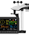 All In One Wireless Weather Station For Indoor And Outdoor Use With Rain Gauge, Wind Speed, Forecast, Temperature, Air Pressure, Humidity, Moon Phase, Alarm No WiFi Needed 6.5 Inch Color Display, showing LCD display and sensor components