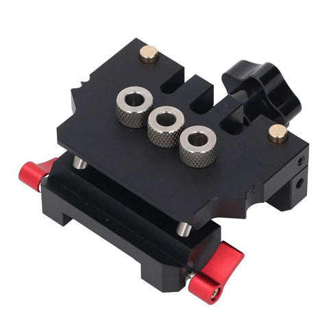Self Centering Doweling Jig Kit for Woodworking Pros and DIY Crews Aircraft Grade Aluminum Body with Clear Etched Measurements and 3 in 1 Drill Bit Locator top view showing bushing sizes and durable construction.