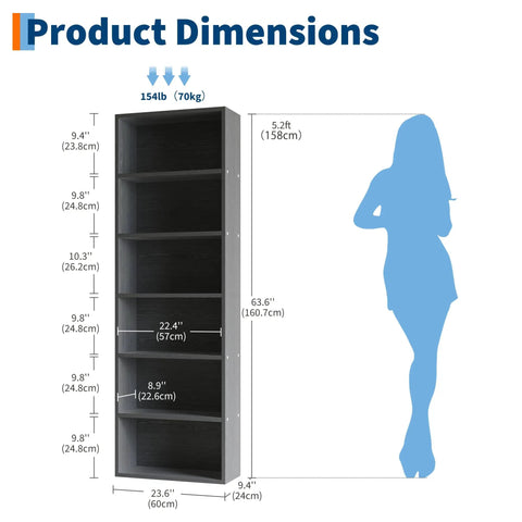 Dimensions of Six Tier Tall Bookcase With Industrial Rustic Wood Look And Open Storage Shelves For Books And Decor