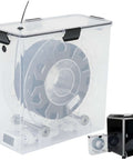 See Through Filament Dryer Box for 3D Printer with airtight seal, showing black filament inside, clear lid for easy level check.
