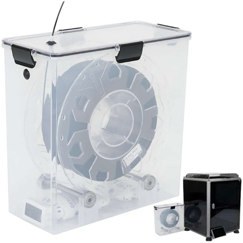 See Through Filament Dryer Box for 3D Printer with airtight seal, showing black filament inside, clear lid for easy level check.