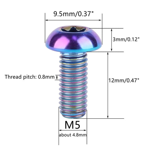 Heavy Duty Badass Grade Five Titanium Fasteners M5 X 12mm T25 Torx Head Bolts with dimensions showing durable design.