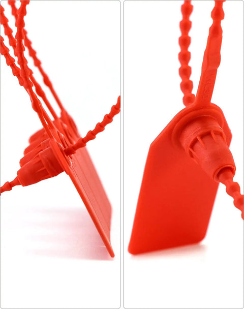 Plastic Tamper Seals 200 Pack Self Locking Security Zip Ties For Fire Extinguishers And Fire Safety Pull Tite Tags Easy Slide Lock Durable PP Material Red shown in close-up