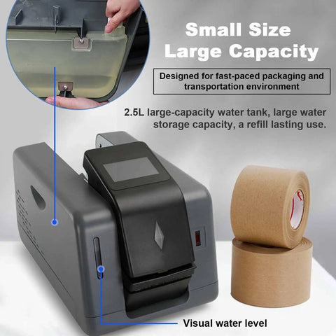 Electric Water Activated Tape Dispenser Heavy Duty Kraft Paper Tape Cutter With Button And Sensor Control For Packages, showing water tank and tape rolls.