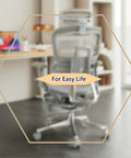 Office chair with a blurred focus showcasing ergonomic design, with text 'For Easy Life.'