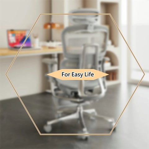 Office chair with a blurred focus showcasing ergonomic design, with text 'For Easy Life.'