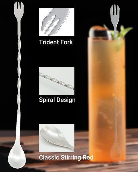 Ultimate Bar Tools Set for Home Bartenders Includes 10 Inch Mixing Spoon with trident fork and spiral design
