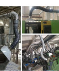 Tough As Nails Articulated Fume Extractor Hose With Heavy Duty Stainless Steel Hood and Full Swivel Flex Duct Tube for Hot Welding Smoke Dust Collection Quick Rig Two Meter Long Six Inch Wide, showcased in industrial setting.